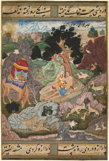 Layla and Majnun in the wilderness with animals, from a Khamsa (Quintet)..., c. 1590-1600. Creator: Sanwalah (Indian, active c. 1580-1600), attributed to