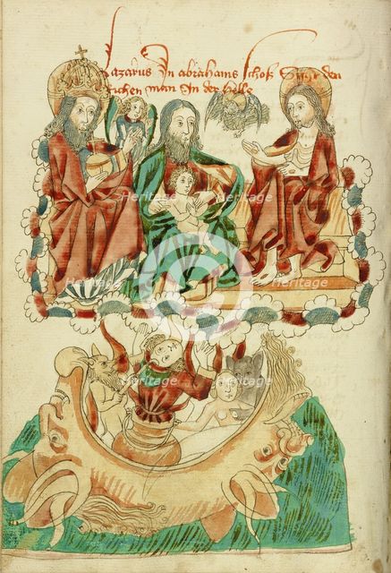 Lazarus in the Bosom of Abraham, The Rich Man in Hell; Barlaam und Josaphat, 1469. Creators: Hans Schilling, Diebolt Lauber.