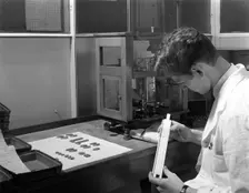 Lab technician with a slide rule, Edgar Allen's steel foundry, Sheffield, South Yorkshire, 1962. Creator: Michael Walters