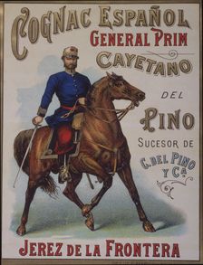 Label of the cognac General Prim from the Cayetano del Pino wineries in Jerez de la Frontera, 1…