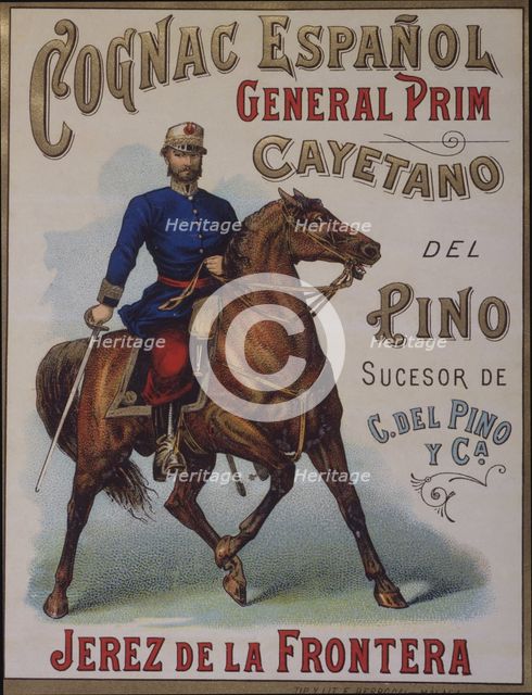 Label of the cognac 'General Prim' from the Cayetano del Pino wineries in Jerez de la Frontera, 1…