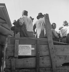 Labor contractor's truck with gang of pea pickers pulled up for gas, Westley, California, 1939. Creator: Dorothea Lange