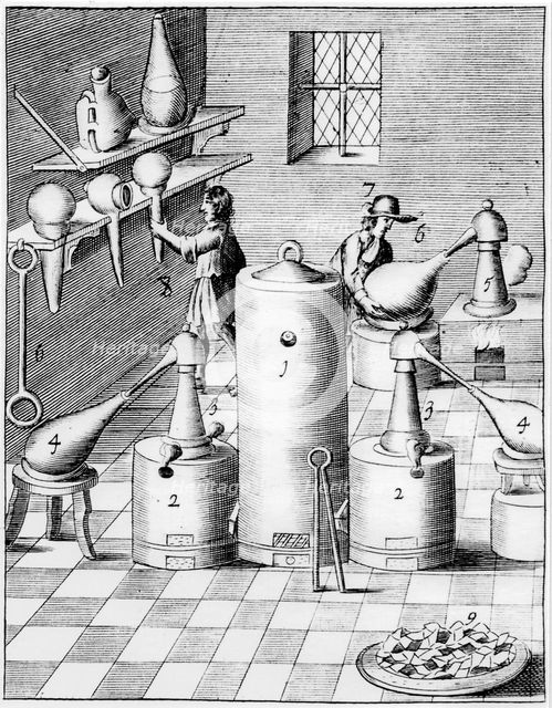 Laboratory for refining gold and silver, showing typical laboratory equipment, 1683. Artist: Unknown