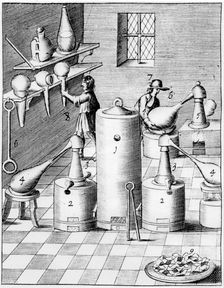 Laboratory for refining gold and silver, showing typical laboratory equipment, 1683