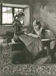 Lace Making in an Irish Cottage 1886. Creator: Marianne Stokes