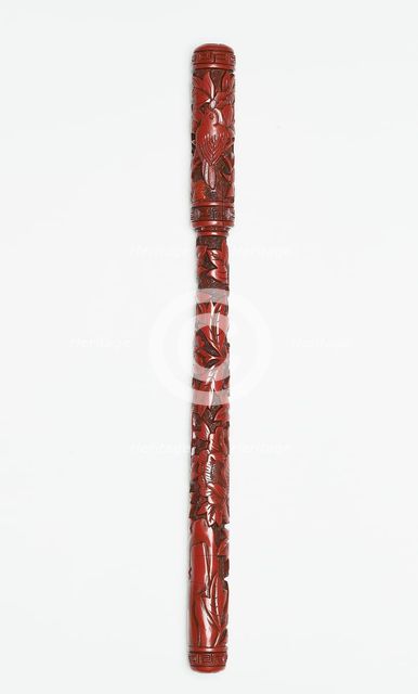 Lacquer writing brush and lid with peonies, early 15th century. Artist: Unknown.
