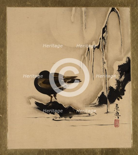 Lacquer Paintings of Various Subjects: Bird and Willow in Snow, 1882. Creator: Shibata Zeshin.