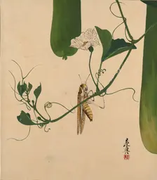 Lacquer Paintings of Various Subjects: Grasshopper on Gourd Vine, 1882. Creator: Shibata Zeshin