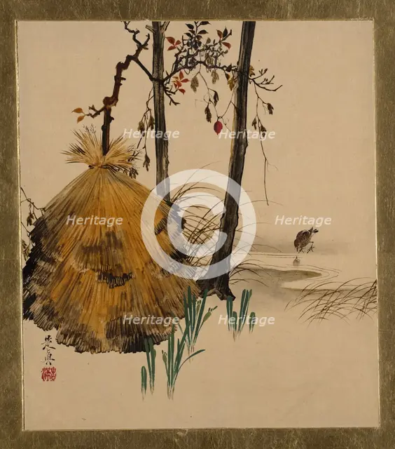 Lacquer Paintings of Various Subjects: Snow Shelter for a Tree with Sparrow, 1882. Creator: Shibata Zeshin.