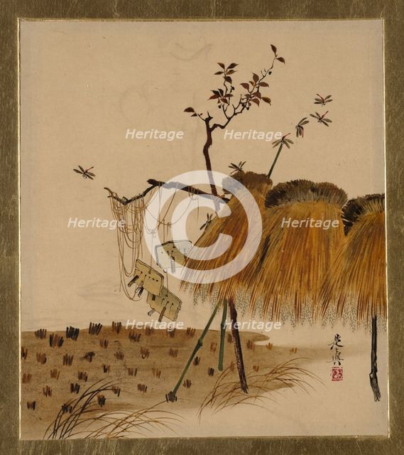 Lacquer Paintings of Various Subjects: Stack of Rice and Dragonflies, 1882. Creator: Shibata Zeshin.