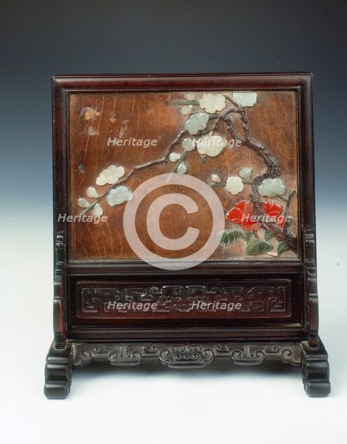 Lacquer plaque in carved wood table screen, Qing dynasty, China, 17th century. Creator: Unknown.