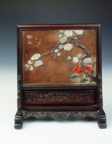 Lacquer plaque in carved wood table screen, Qing dynasty, China, 17th century. Creator: Unknown