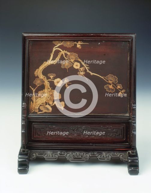 Lacquer plaque in carved wood table screen, Qing dynasty, China, 17th century. Creator: Unknown.