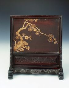 Lacquer plaque in carved wood table screen, Qing dynasty, China, 17th century. Creator: Unknown