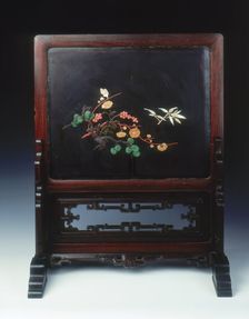 Lacquer plaque mounted as a screen, with various inlays, Qing dynasty, China, 1st half 18th century. Creator: Unknown