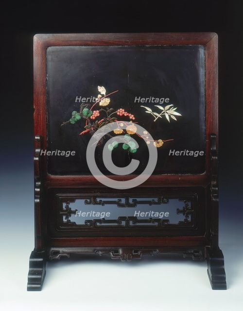 Lacquer plaque mounted as a screen, with various inlays, Qing dynasty, China, 1st half 18th century. Creator: Unknown.