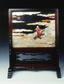 Lacquer plaque mounted as a screen, with various inlays, Qing dynasty, China, 1st half 18th century. Creator: Unknown
