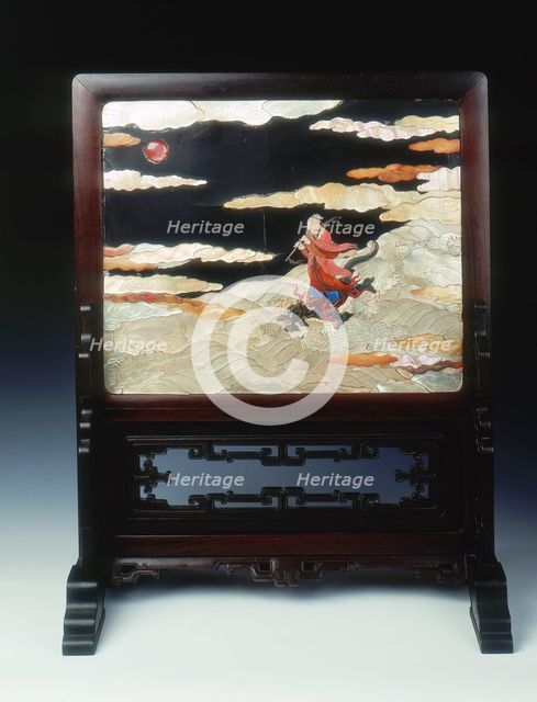 Lacquer plaque mounted as a screen, with various inlays, Qing dynasty, China, 1st half 18th century. Creator: Unknown.