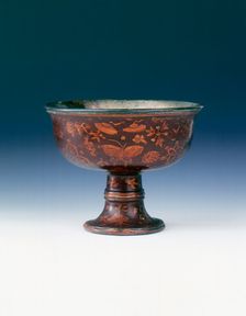 Lacquer stem cup with Buddhist emblems and butterflies, Ming dynasty, China, 17th century. Creator: Unknown