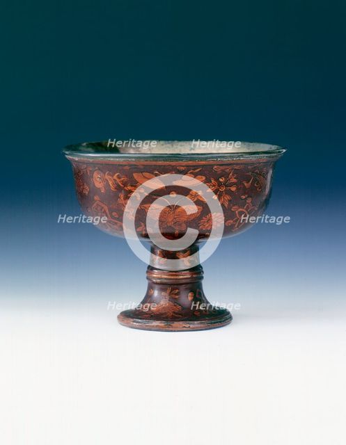 Lacquer stem cup with Buddhist emblems and butterflies, Ming dynasty, China, 17th century. Creator: Unknown.