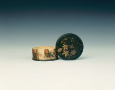 Lacquered wood and ivory Shibayama circular box, late Edo period, Japan, early 19th century. Creator: Unknown