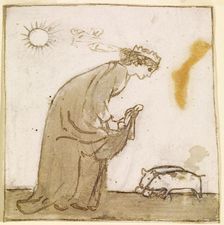 Ladies and Animals Sideboard - Good and Bad Animals - Study of a Lady Feeding Pigs, c1860. Creator: Sir Edward Coley Burne-Jones