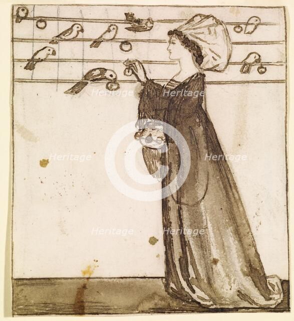 Ladies and Animals Sideboard - Good and Bad Animals - Study of a Lady Feeding Parrots, 1860. Creator: Sir Edward Coley Burne-Jones.