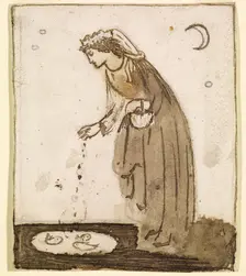 Ladies and Animals Sideboard - Good and Bad Animals - Study of a Lady Feeding Goldfish, 1860. Creator: Sir Edward Coley Burne-Jones