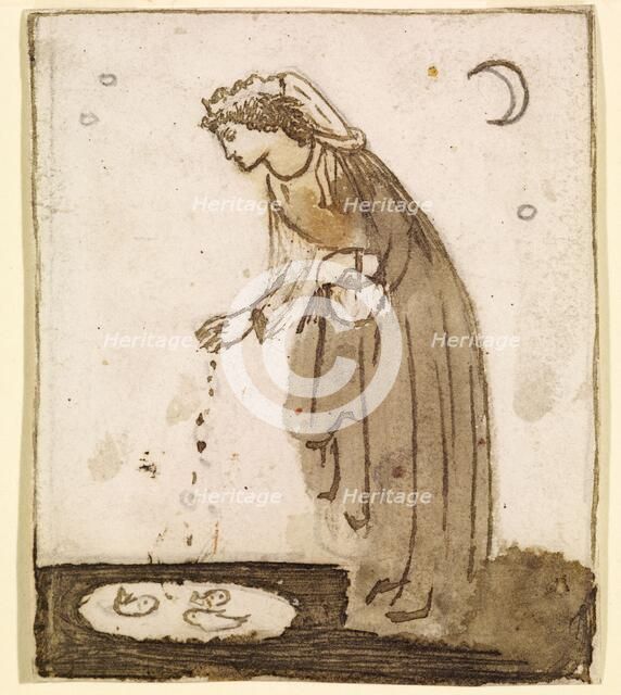 Ladies and Animals Sideboard - Good and Bad Animals - Study of a Lady Feeding Goldfish, 1860. Creator: Sir Edward Coley Burne-Jones.