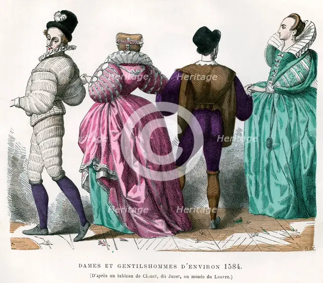 Ladies and gentlemen from about 1584, (1882-1884). Artist: Unknown