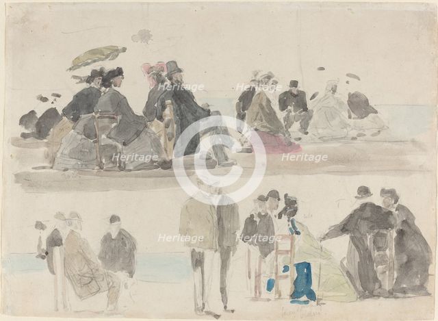 Ladies and Gentlemen on the Beach, in Two Registers, c. 1865. Creator: Eugene Louis Boudin.