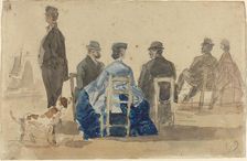Ladies and Gentlemen Seated on the Beach with a Dog, 1866. Creator: Eugene Louis Boudin