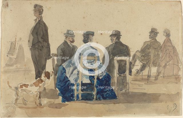 Ladies and Gentlemen Seated on the Beach with a Dog, 1866. Creator: Eugene Louis Boudin.