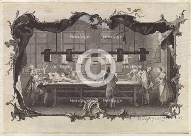Ladies and Gentlemen Playing Billiards, 1756. Creator: Johann Esaias Nilson.