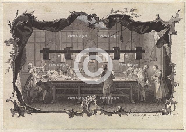 Ladies and Gentlemen Playing Billiards, 1756. Creator: Johann Esaias Nilson.