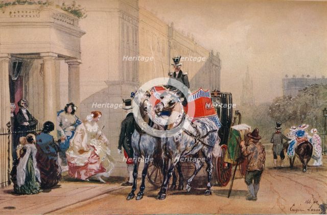 'Ladies Entering Their Carriage in Belgrave Square', 19th century. Artist: Eugene Louis Lami.