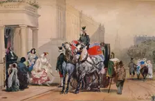 Ladies Entering Their Carriage in Belgrave Square 19th century. Artist: Eugene Louis Lami