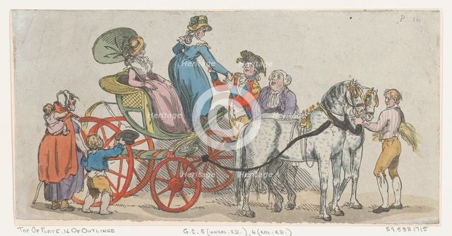 Ladies Getting Out of a Carriage (from Plate 16, Outlines of Figures, Landscapes a..., June 1, 1790. Creator: Thomas Rowlandson.