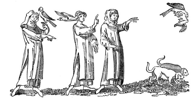 Ladies Hawking, 14th century, (1833). Artist: Unknown