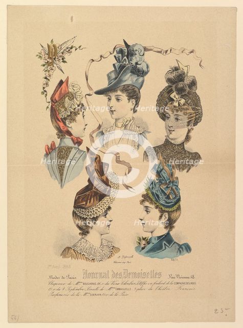 Ladies' Hats, No. 4671, from Journal des Demoiselles, April 1, 1888. Creator: Paul Deferneville.