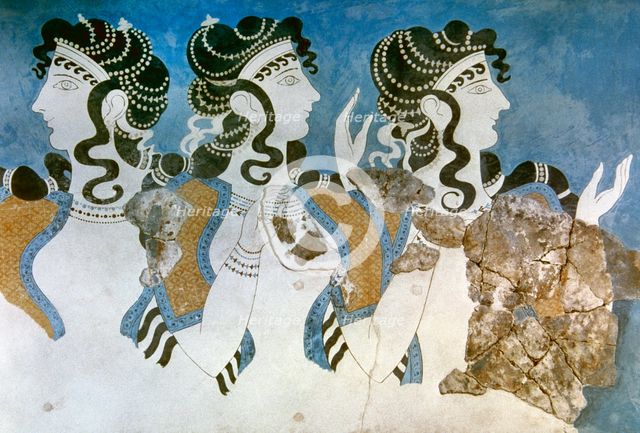 Ladies in Blue fresco, Palace of Knossos, Minoan, Crete, Greece, Bronze Age, MM IIB period (2000). Creator: Unknown.