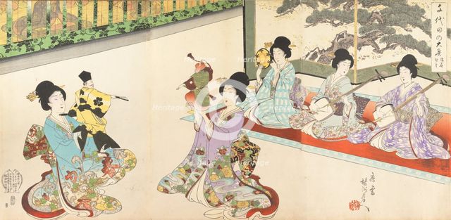 Ladies in Waiting of the Chiyoda Castle: Sword Practice and Puppet Kyogen, 1895., 1895. Creator: Chikanobu Yoshu.