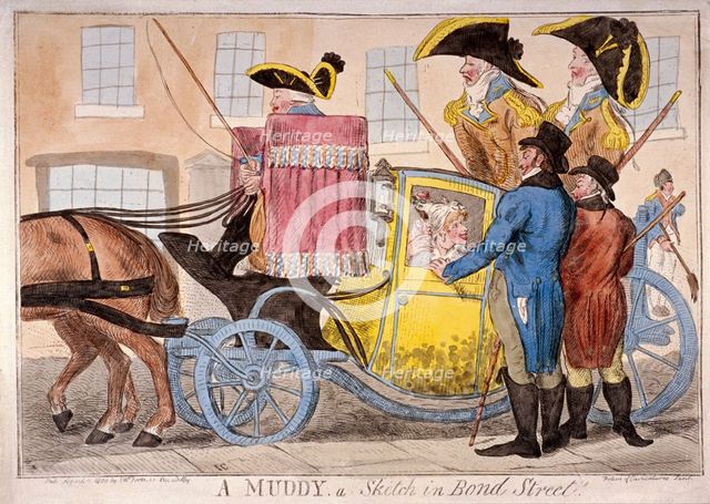 Ladies inside a muddy, Bond Street, London, 1800. Artist: Anon