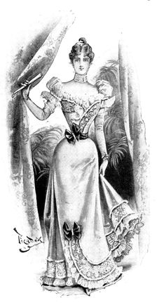 Ladies Page: a white satin evening gown, 1898. Creator: Picador