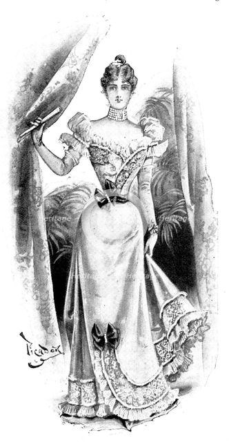Ladies' Page: a white satin evening gown, 1898. Creator: Picador.