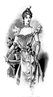 Ladies Page: a white satin evening gown, 1898. Creator: Picador