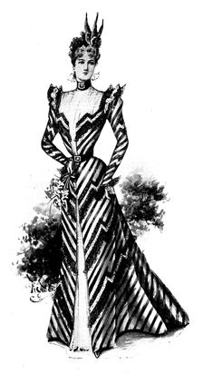 Ladies Page: a black and white striped silk gown, 1898. Creator: Picador