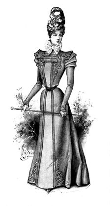 Ladies Page: a braided cloth gown, 1898. Creator: Picador