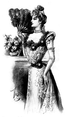 Ladies Page: an evening frock of spider-web tulle, 1898. Creator: Picador