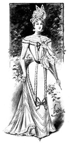 Ladies Page: dress of white lawn trimmed with black velvet, 1898. Creator: Picador